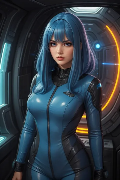 a woman in a blue suit standing in a spaceship