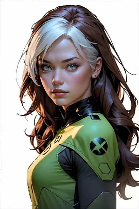 a close up of a woman with long hair wearing a green and black suit