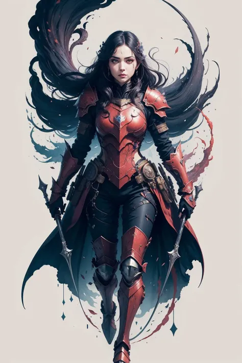 1girl, (beauty face:1.5), weapon, long hair, black hair, white background, solo, arm guards, looking at viewer, black eyes, floating hair, full body, red armor, fractal art, abstract background, ink wash painting, (style-swirlmagic:0.7), <lora:tshee00d:0.5...
