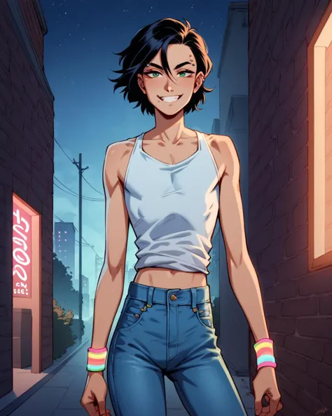 a woman in jeans and a tank top standing in a alley