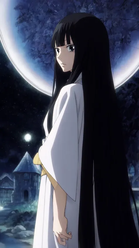 a close up of a woman with long black hair standing in front of a moon