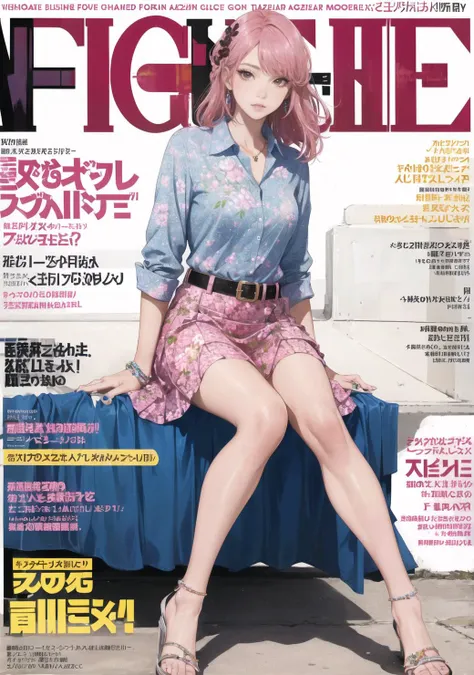 highres, ultra detailed, (fashion magazine cover:1.4), full body, sit,   model body shape,1lady,16yo,pink hair,sidetails hair.brown eyes, lips,realistic,Chambray collared shirt tucked into a floral print flared skirt, accessorized with a statement belt and...