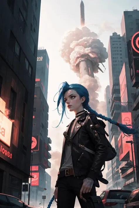 <lora:JinxLol:1>,jinxlol,bomb,rocket,explosion, smoke, vs, look, cyberpunk, dramatic