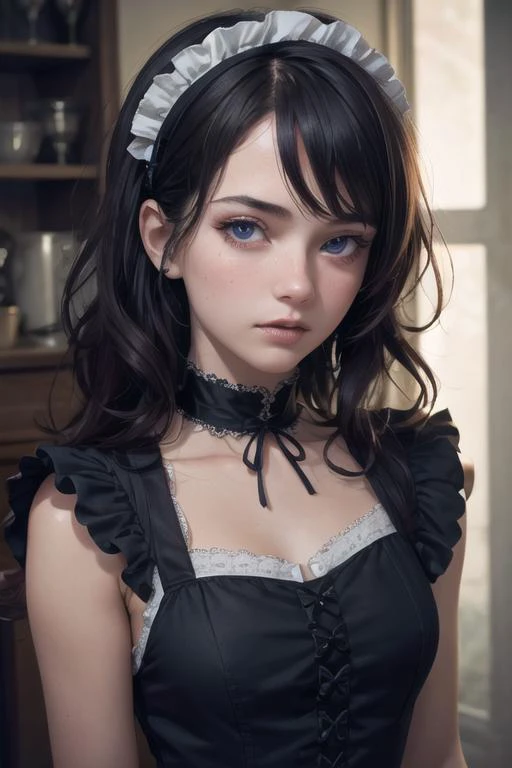 1girl,beautiful face, messy hair cute,gothic maid,film grain, raw photo, photorealistic, hyper realistic,highres, high resolution