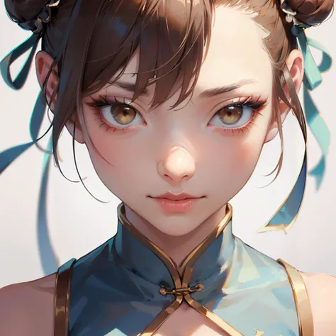 masterpiece, best quality, perfect face, perfect brown eyes with white sclera, <lora:Chun-Li_v2.0:1> bad-hands-5, solo, 1girl, upper body, brown hair, sf6 chun, mature female, double bun, yellow ribbon, chinese clothing, side slit, tight pants, blue pants,...