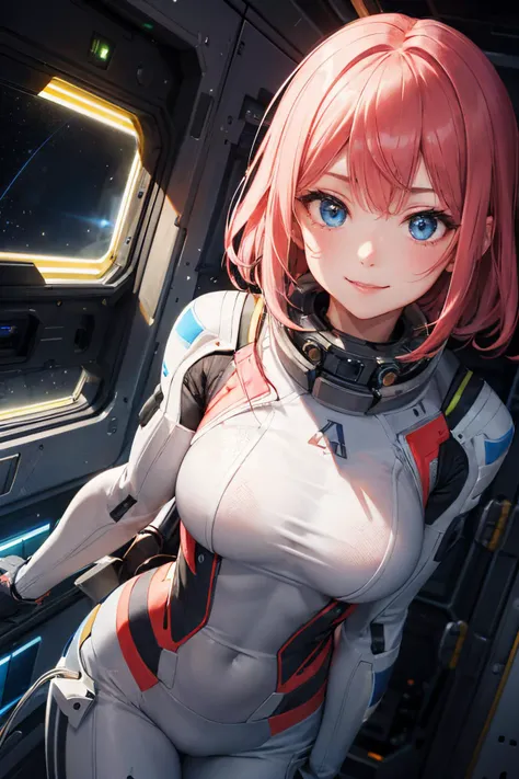 (best quality), (masterpiece), photograph, perspective,  1lovely girl, beautiful face, detailed blue eyes, blash, greet, shy, smile, perfect body, dynamic angle, close-up, dynamic pose, (erotic spacesuit:1), (spcaecraft:1.2), indoor, girl in spacecraft, fe...