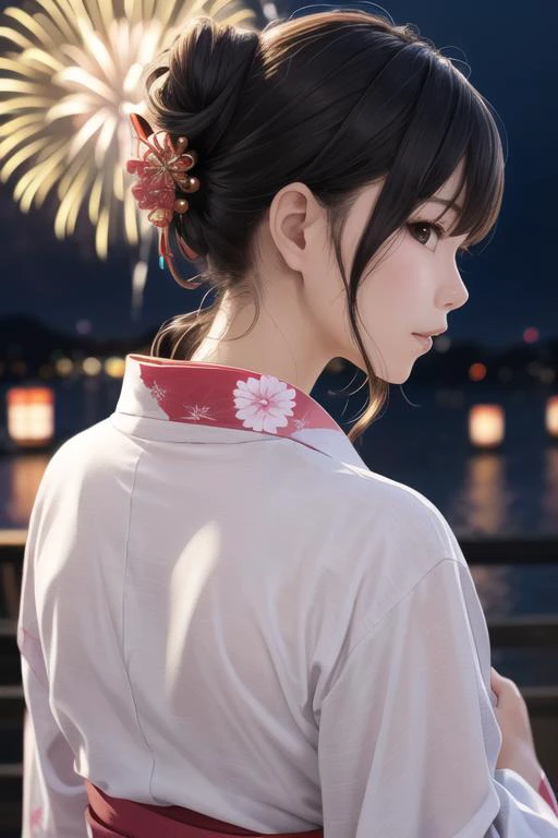 portrait of a girl,japanese idol,(yukata),half updo,realistic skin,beautiful face,looking at viewer, professional lighting,fireworks,from behind,