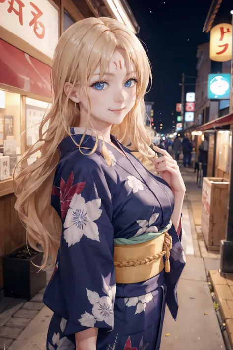 masterpiece, best quality, sephiria, 27 y.o, blue eyes, forehead mark, blonde hair, (beautiful face:1.2), breasts, japanese yukata, outdoor, night, looking at viewer, light smile <lora:sephiria-nvwls-v1:0.9>