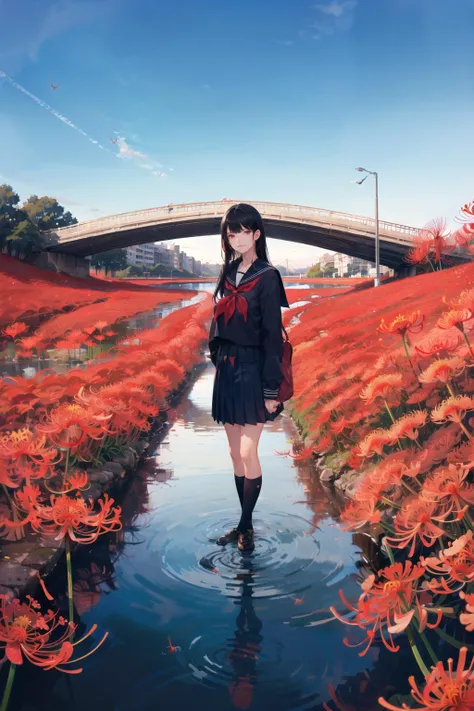 best quality,high resolution,detailed,masterpiece,(beautiful Background,detailed background),8k,1lady 、(skinny:1.2), ,(foot focus:1.2),1girl, solo, school uniform, long hair, black hair,school bag, socks, black serafuku, black socks, ( red neckerchief:1.3)...