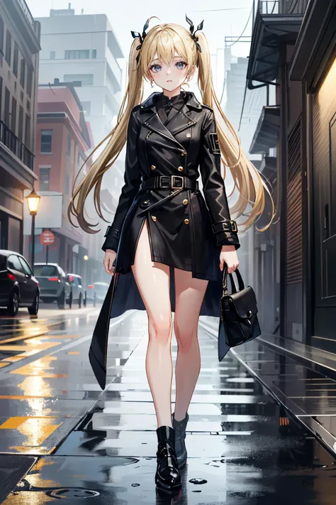 ((ultra detailed, masterpiece, absurdres))
<lora:LANia:0.8>
LANia, 1girl, blonde hair, twin tails, long hair, looking at viewer, In a black long leather coat walking down the street in the rain