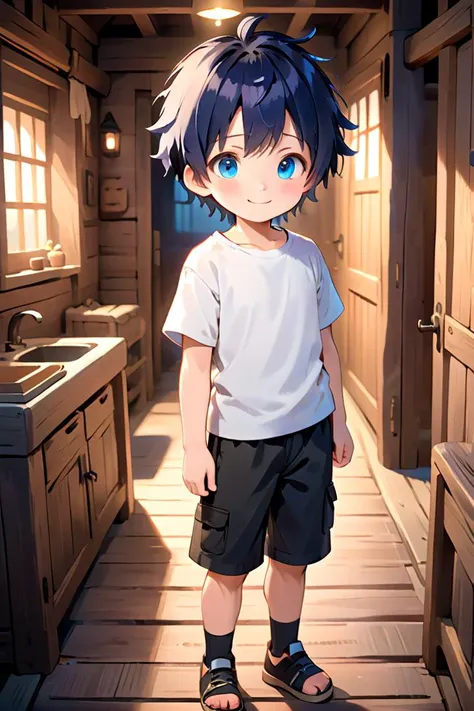 <lora:cutifiedanimecharacterdesign_variant_type_A_SDXL_v10:0.7>
one boy standing alone in a wooden village,  eyes are blue,  hair is short, wearing a white t-shirt and black box pants,
full body, looking at viewer, smile,
The soft lighting and detailed sur...