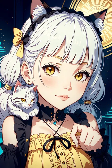 anime girl with white hair and black cat ears holding a white cat