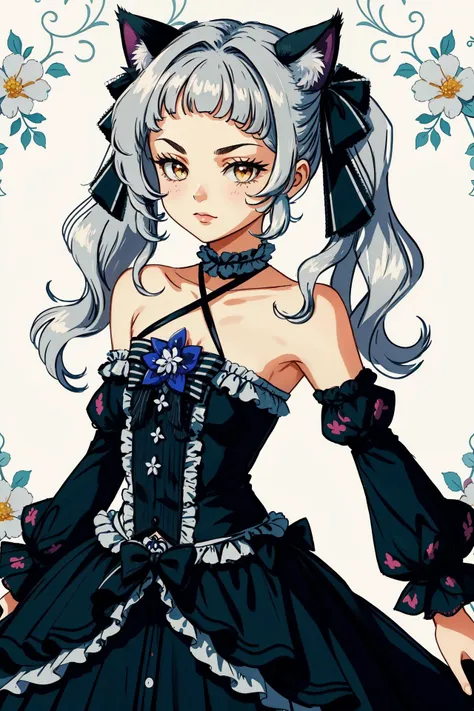 a close up of a woman in a dress with a cat ear