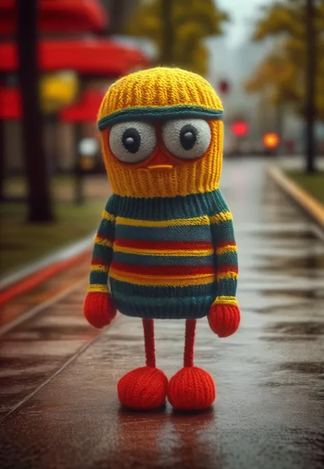 sad knitted hamburger creature waiting for the bus on a rainy day. Pixar. HDR, VFX