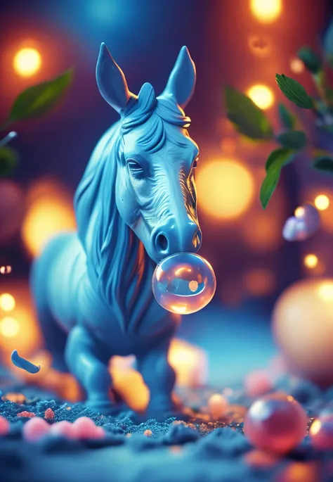 a blue horse blowing bubble gum in a room, graphic of enchanted terrarium, flares anamorphic, untextured, statue, enchanted garden, tilt-shift