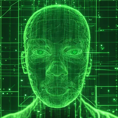 a green wireframe head with glowing lines and dots