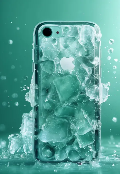 high quality photo of frozen iphone on solid background, front view. ice and freeze on the corners of the phone. green background