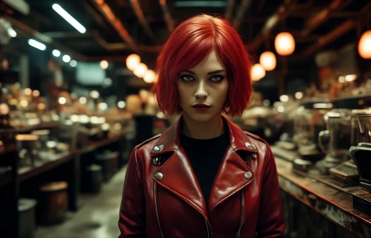 Photograph of a woman looking at the camera, short layered red hair, leather jacket, in a dark rusty steampunk tea store with rusty electronic equipment, film noir vibe