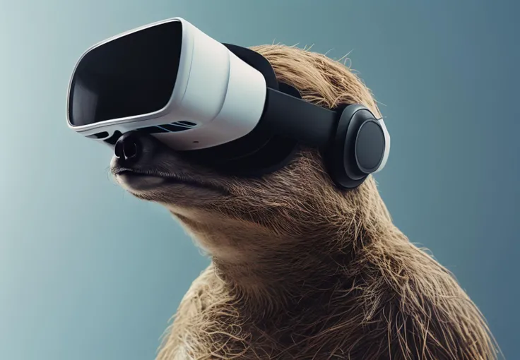 Close - up minimalist photo of sloth wearing VR headset