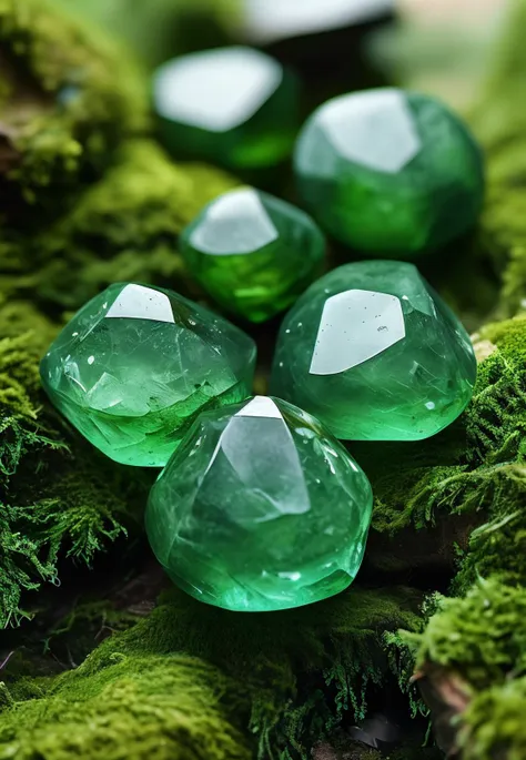 three green gems sitting on a moss covered surface