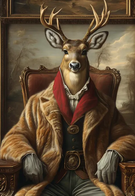 An absurd and hilarious photo with anthropomorphic deer sits on armchair in renaissance cabinet interior