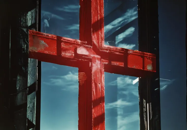 closeup, red christian cross, double exposure with window shadow, photonegative refractograph by Helmut Newton