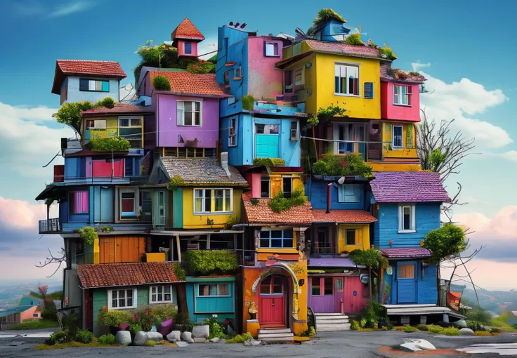 Surreal, A house with small houses surrounding it and piled on top of each other in random disarray, colorful and exciting,