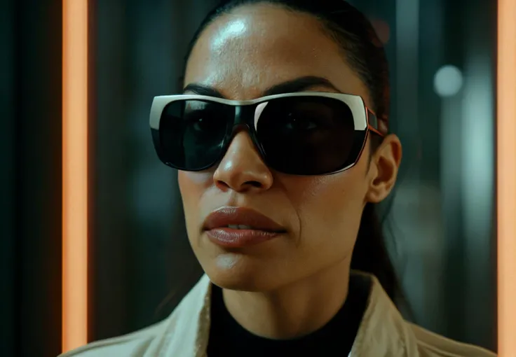 sartorial Rosario Dawson wearing sunglasses in the style of cyberpunk 2077