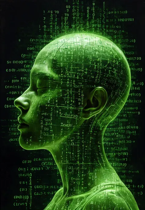 a close up of a person with a green head and numbers on it