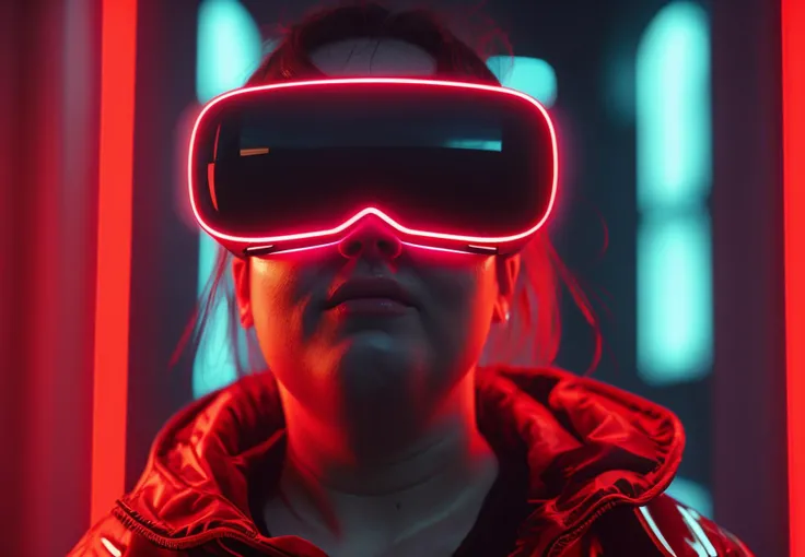 fat woman wearing a glossy VR glasses that emits a radiant red light, in the style of cyberpunk 2077, close up