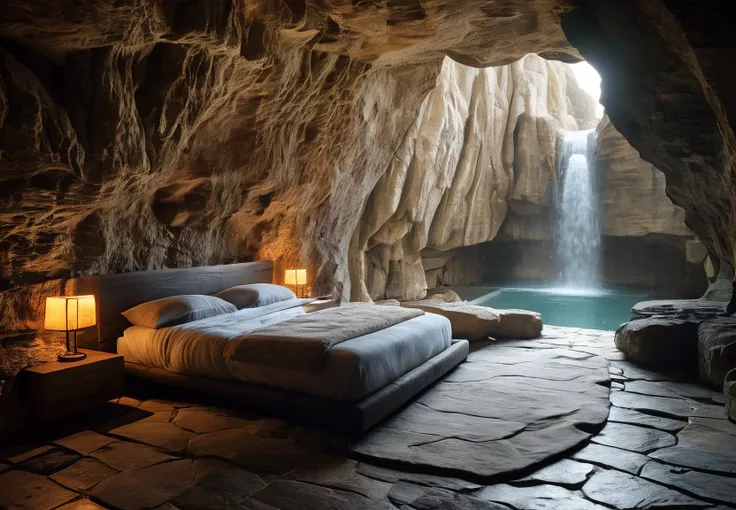 there is a bed in a cave with a waterfall in the background