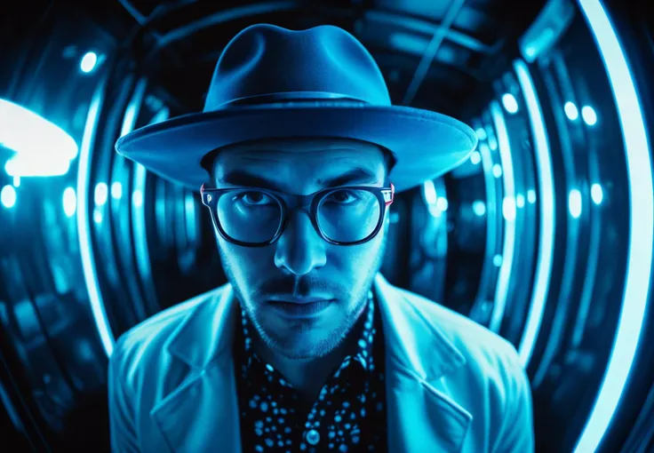 Man wearing a blue fedora, fish-eye lens, dark blue and silver, the snapshot aesthetic, Brandon Woelfel, multiple filter effect, mirror