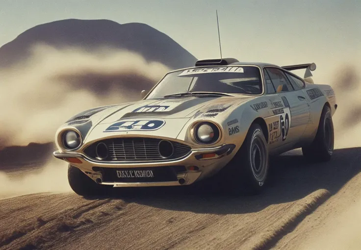 grainy retro nostalgia film photography from the 70s sci-fi fantasy movie, an exploration of mankind in the distant future recorded on vhs featuring a futuristic Aston Martin rally car concept