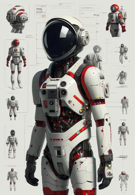 a detailed and technical illustration of a futuristic astronaut suit, showcasing various angles and components, annotated with red pointers indicating specific features and functions