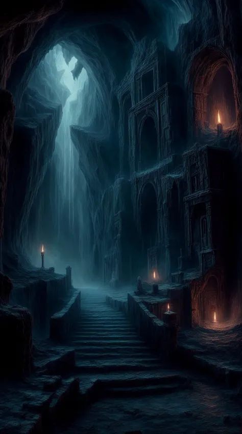 a dark cave with candles and stairs leading to a waterfall