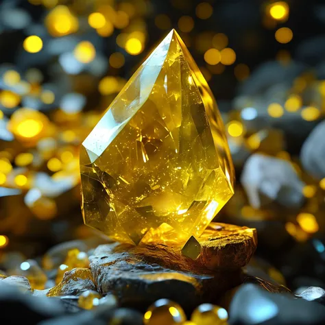 a close up of a yellow diamond on a rock with a lot of gold