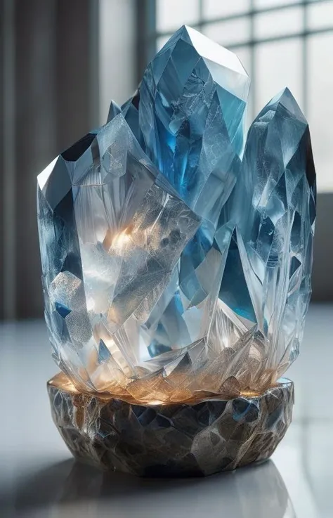 a close up of a crystal on a wooden base on a table