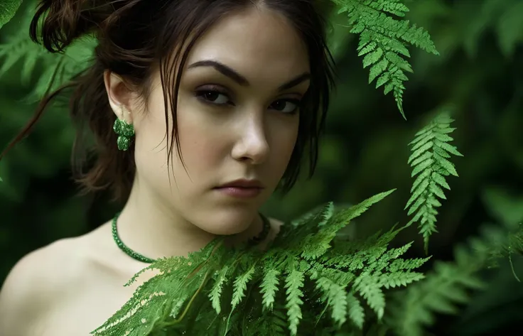 Sasha Grey looking through fern leafs, in the style of lensbaby composer pro ii with edge 50 optic, erwin blumenfeld, focus stacking, green and emerald, elizabeth gadd, flickr, textural portraits