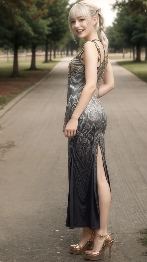 a woman in a dress standing on a sidewalk in a park