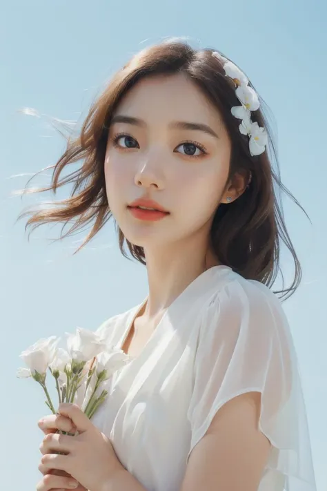 a woman in a white dress holding flowers and looking at the camera