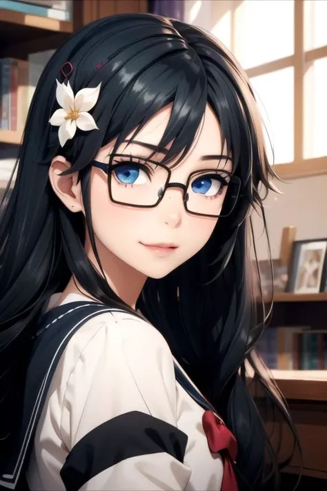 masterpiece, best quality, game cg, 1girl, solo, looking at viewer, , depth of field, , , <lora:sumireko_sanshokuin:0.68>, sumireko_sanshokuin, black hair, blue eyes, long hair, hair ornament, glasses, , , The Shattering Isles,