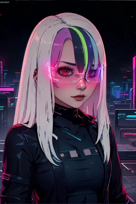 masterpiece, best quality, realistic, 1girl, (wearing cyberpunk glasses, futuristic led glasses:1.3), Roxy_Citron_OC,  1girl, solo, red eyes, white hair, rainbow hair, long hair, streaked hair, hair between eyes, night, cityscape, neon lights, <lora:LED_Gl...