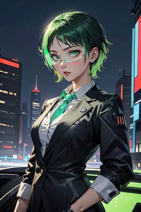 Masterpiece, best quality, 1girl, green eyes, green hair, short hair, (two-tone hair:1.2), medium breasts, (business suit:1.2), <lora:LED_Glasses_Adhin:0.9>, (green cyberpunk glasses:1.3), (futuristic led glasses:1.3)