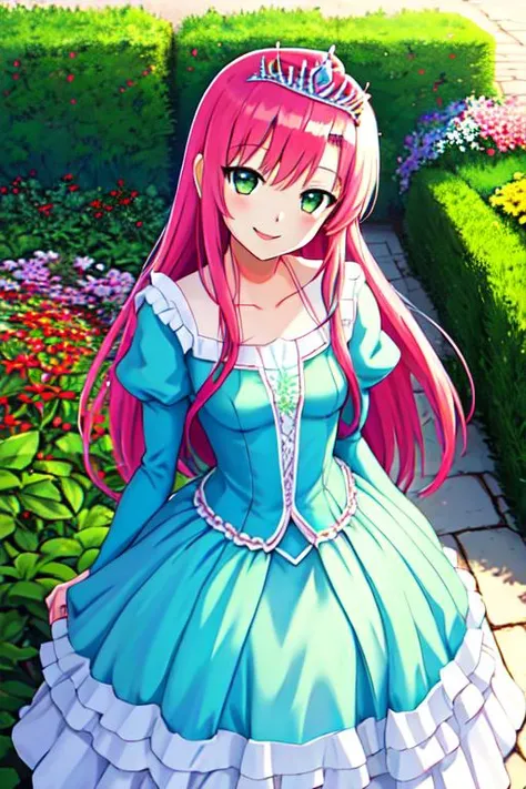 masterpiece, best quality, <lora:HinagikuV1:0.6>, hinagiku katsura, princess, princess dress, blue dress, tiara, garden, colorful garden, smile, green eyes, royal dress, castle