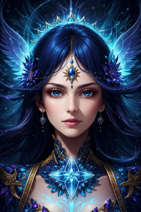 a woman with blue hair and wings in a dark space