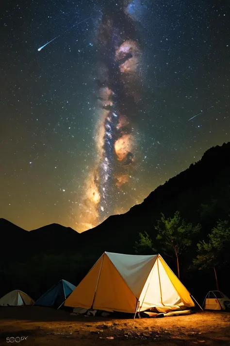 a view of a tent with a shooting star in the sky