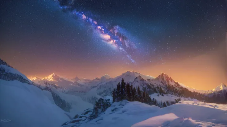 a view of a snowy mountain with a milky in the sky