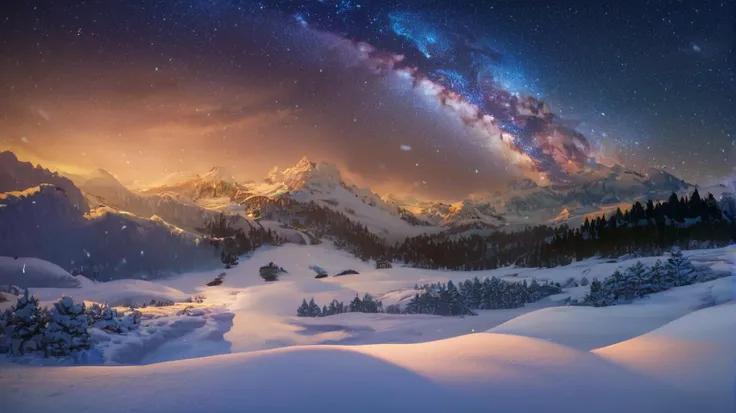 a view of a snowy mountain with a milky in the sky