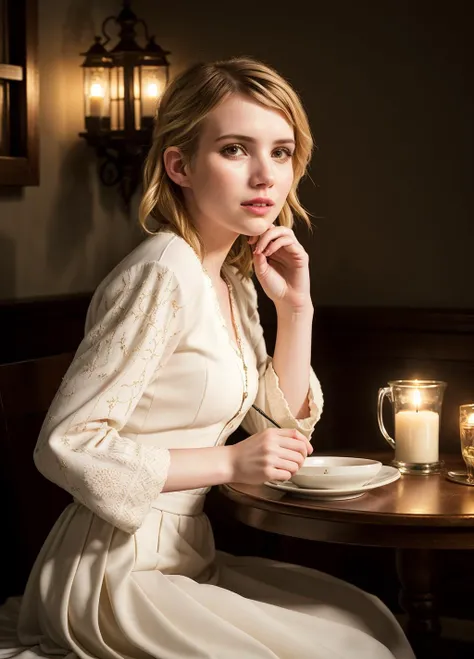 Emma Roberts, in a dimly lit restaurant, long sleeve winter dress, low light,  (8k, RAW photo, best quality, depth of field, ultra high res:1.2), (intricate, photorealistic, masterpiece, ultra-detailed), dynamic lighting