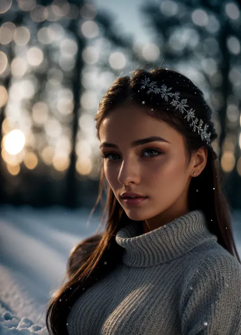 1Girl, beautiful girl wearing a thin athletic sweater, glamourous hair, depth of field, bokeh, morning in the snow, (masterpiece) (best quality) (detailed) (8k) (wallpaper) (cinematic lighting) (sharp focus) (intricate), dynamic lighting, vivid